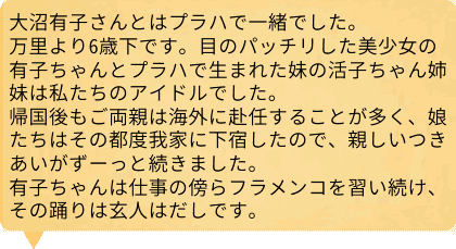 万里より６歳下です。目のパッチリした美少女の有子ちゃんとプラハで生まれた妹の活子ちゃん姉妹は私たちのアイドルでした。帰国後もご両親は海外に赴任することが多く、娘たちはその都度我家に下宿したので、親しいつきあいがずーっと続きました。有子ちゃんは仕事の傍らフラメンコを習い続け、その踊りは玄人はだしです。